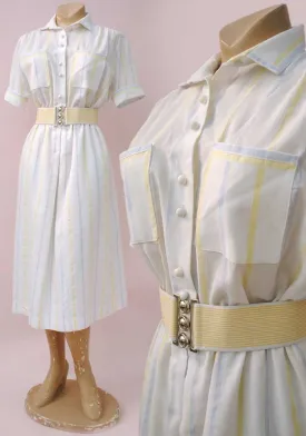 1970s Vintage White Pastel Stripes Shirt-waister • Summer Tea Dress