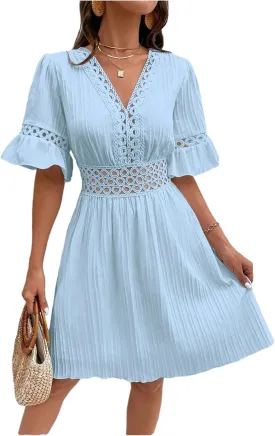 2025 Summer Dresses for Women Boho Dress Ruffle Short Sleeve Aline Flowy Above Knee Cute Casual Tshirt Dress