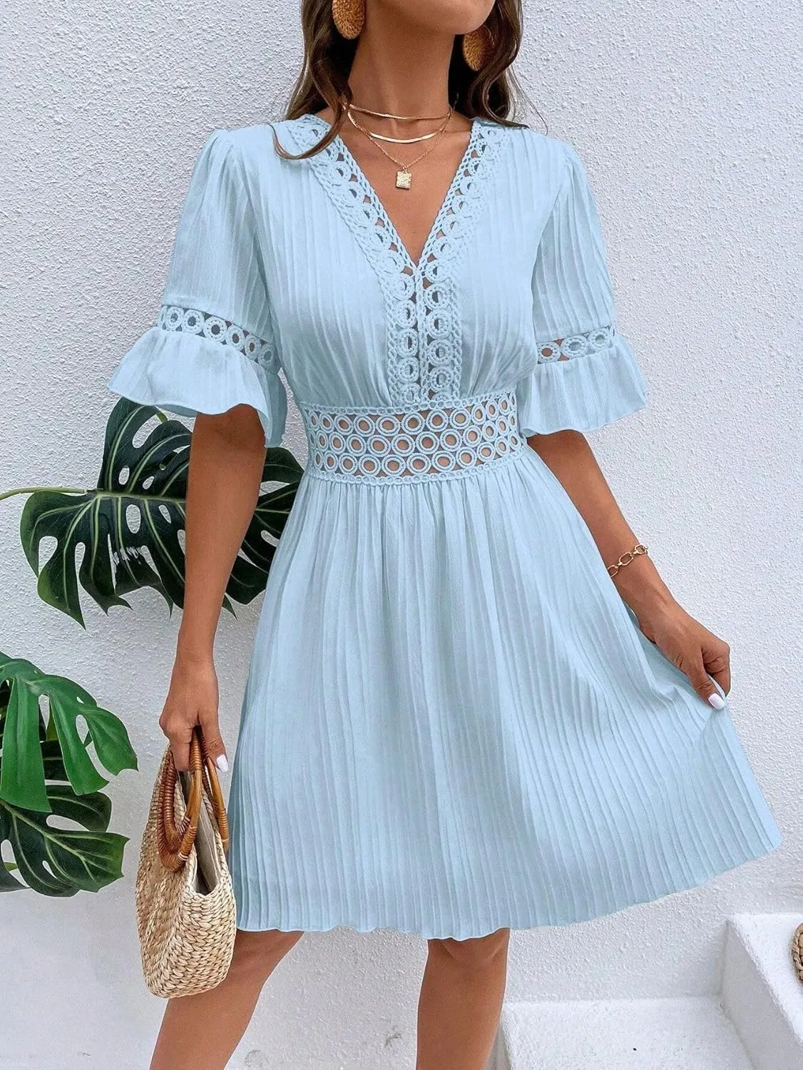 2025 Summer Dresses for Women Boho Dress Ruffle Short Sleeve Aline Flowy Above Knee Cute Casual Tshirt Dress