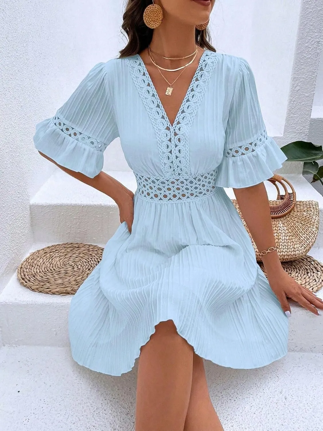 2025 Summer Dresses for Women Boho Dress Ruffle Short Sleeve Aline Flowy Above Knee Cute Casual Tshirt Dress