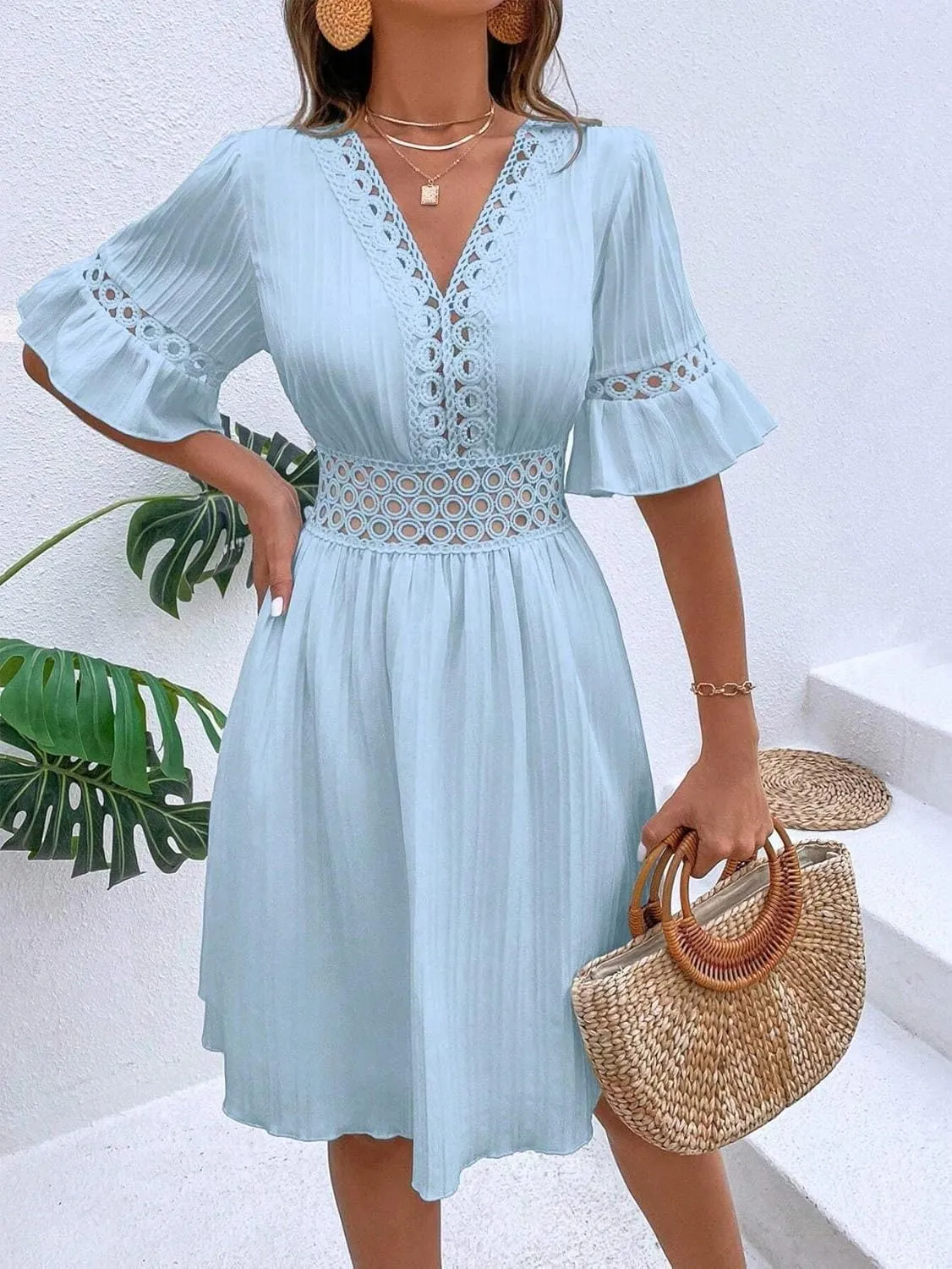 2025 Summer Dresses for Women Boho Dress Ruffle Short Sleeve Aline Flowy Above Knee Cute Casual Tshirt Dress