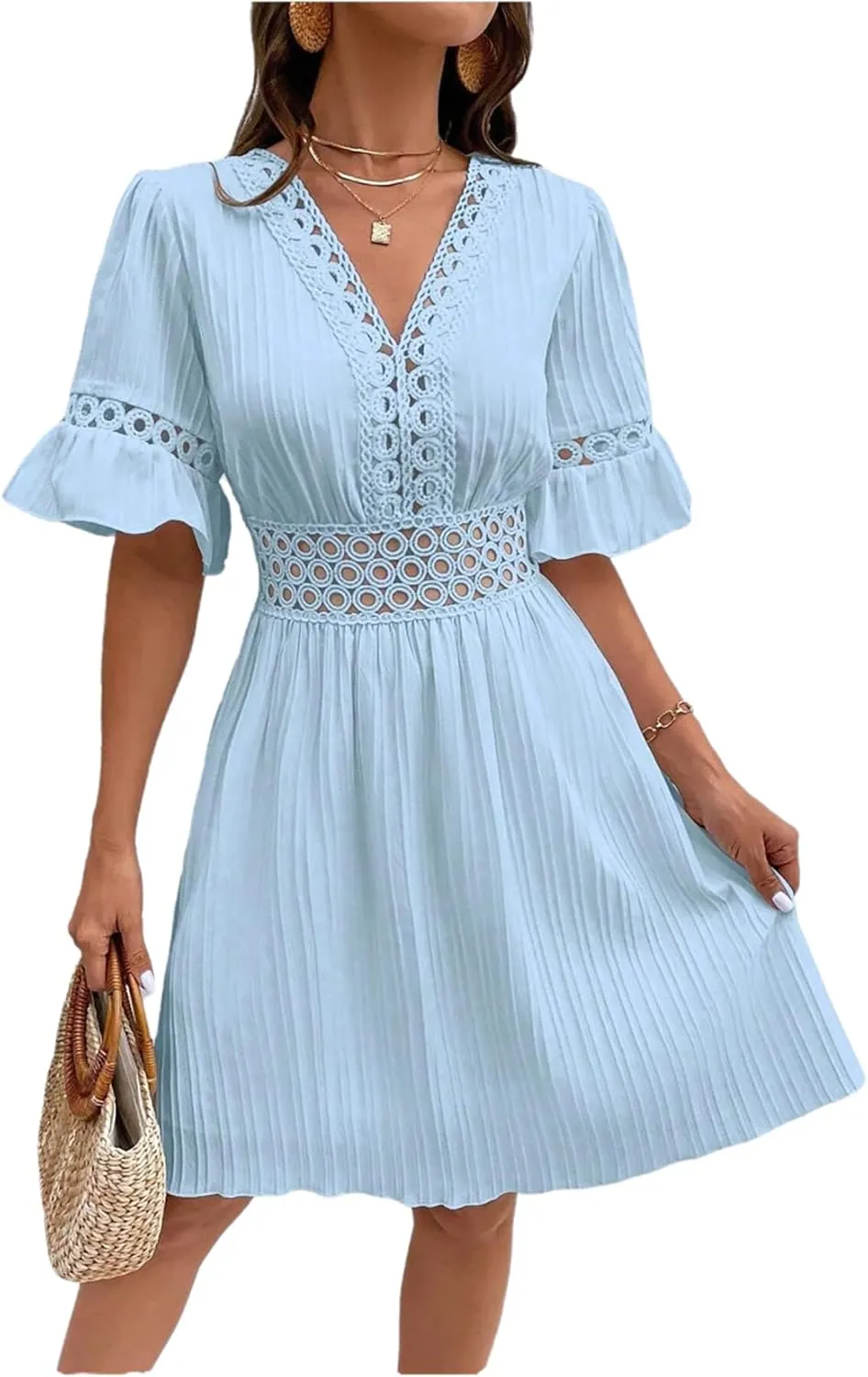 2025 Summer Dresses for Women Boho Dress Ruffle Short Sleeve Aline Flowy Above Knee Cute Casual Tshirt Dress