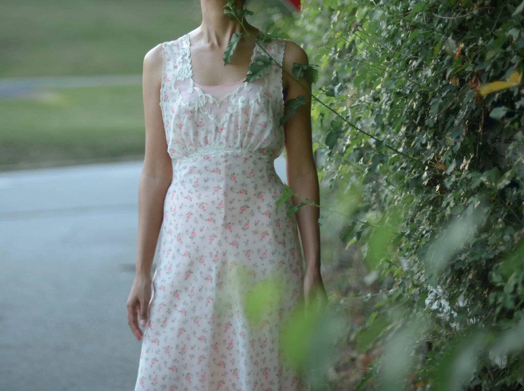 30s/40s HENRI BENDEL chiffon rose print full length bias cut slip dress // small-medium
