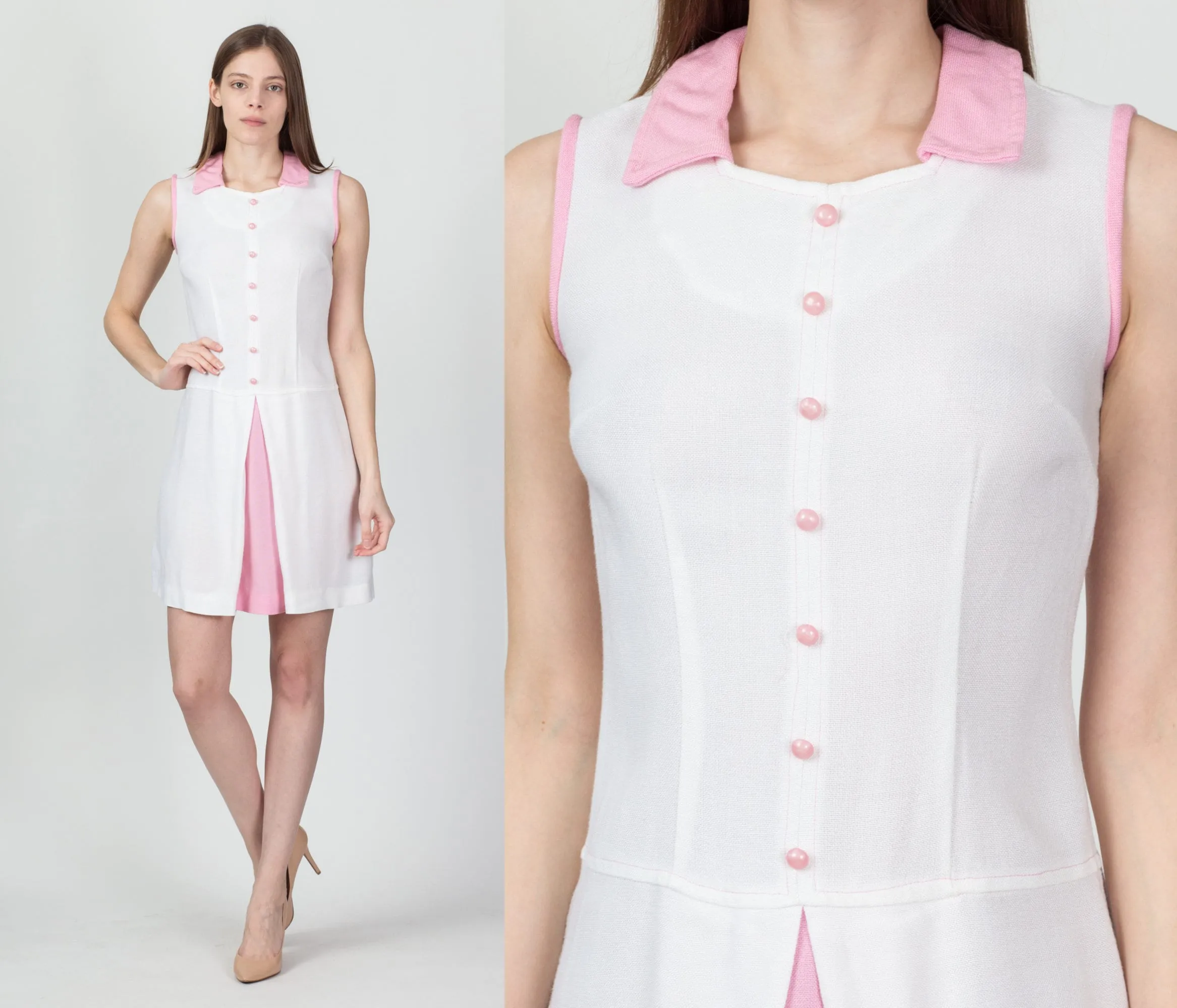 60s White & Pink Scooter Dress - Extra Small
