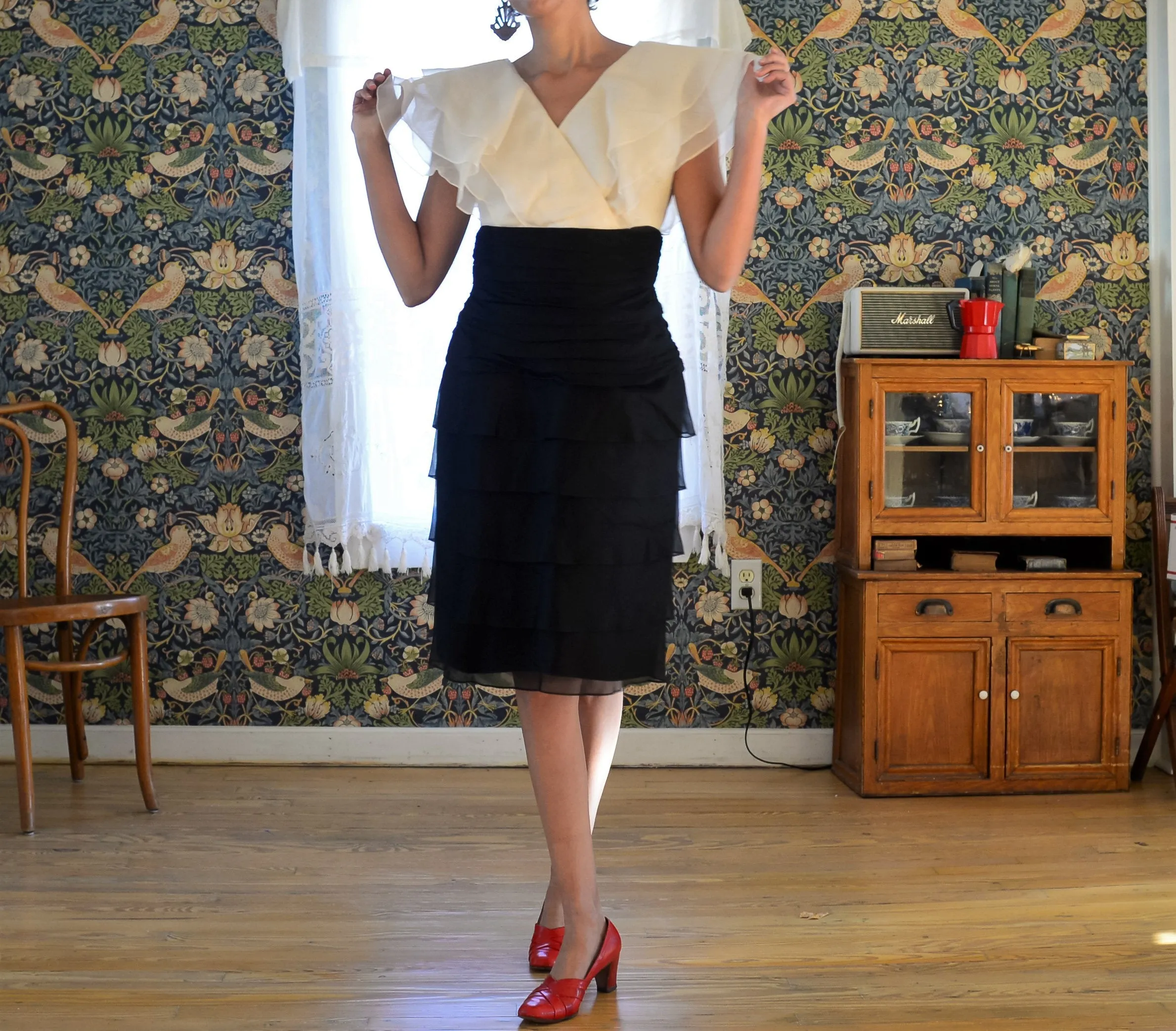 80s TADASHI pure silk organza/chiffon tiered ruffle two tone cocktail dress // tagged size 8