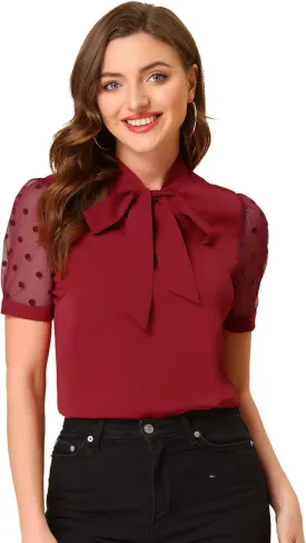Allegra K Women's Bow Tie Neck V Neck Stand Collar Short Mesh Sleeve Blouse