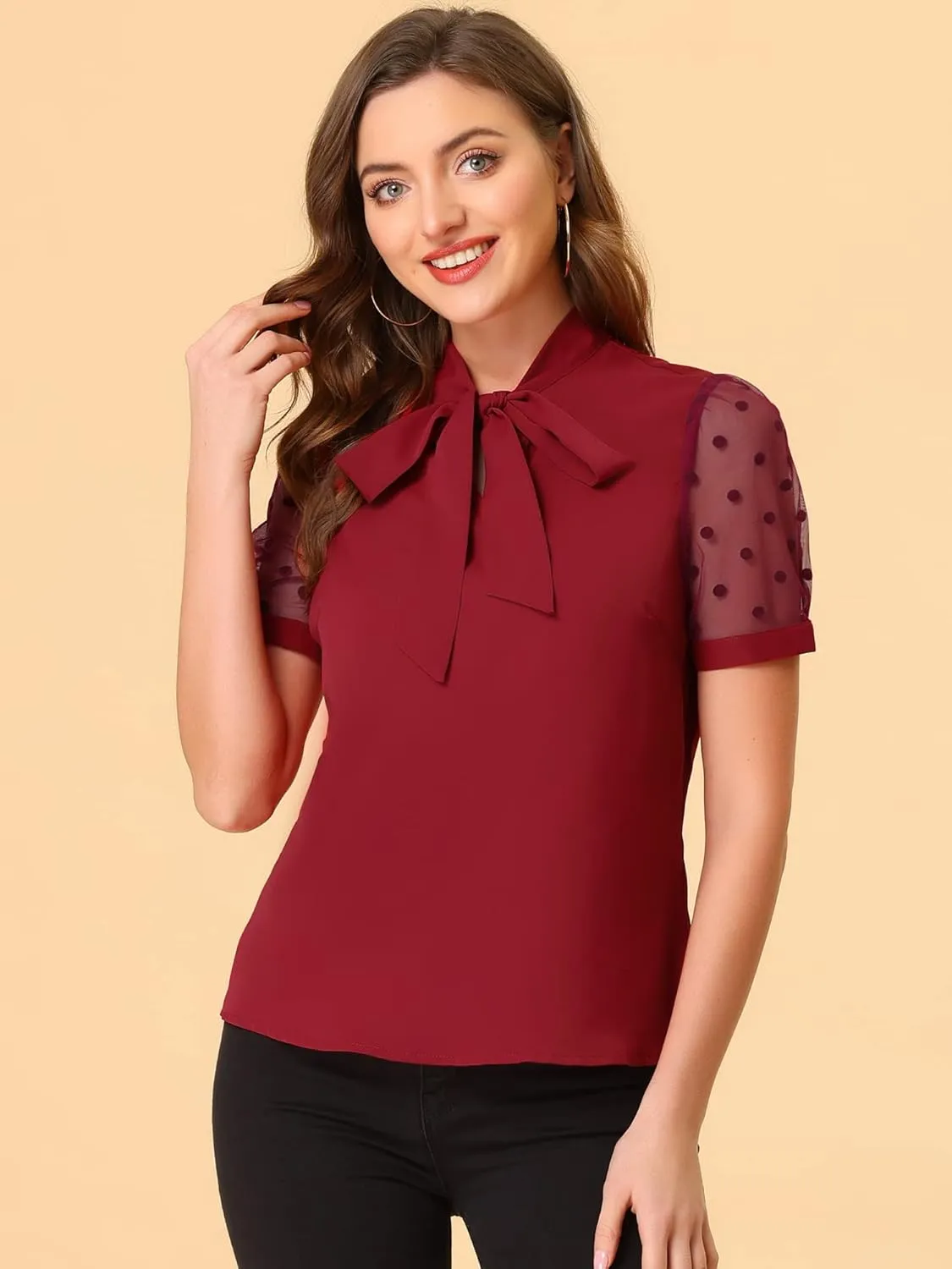 Allegra K Women's Bow Tie Neck V Neck Stand Collar Short Mesh Sleeve Blouse