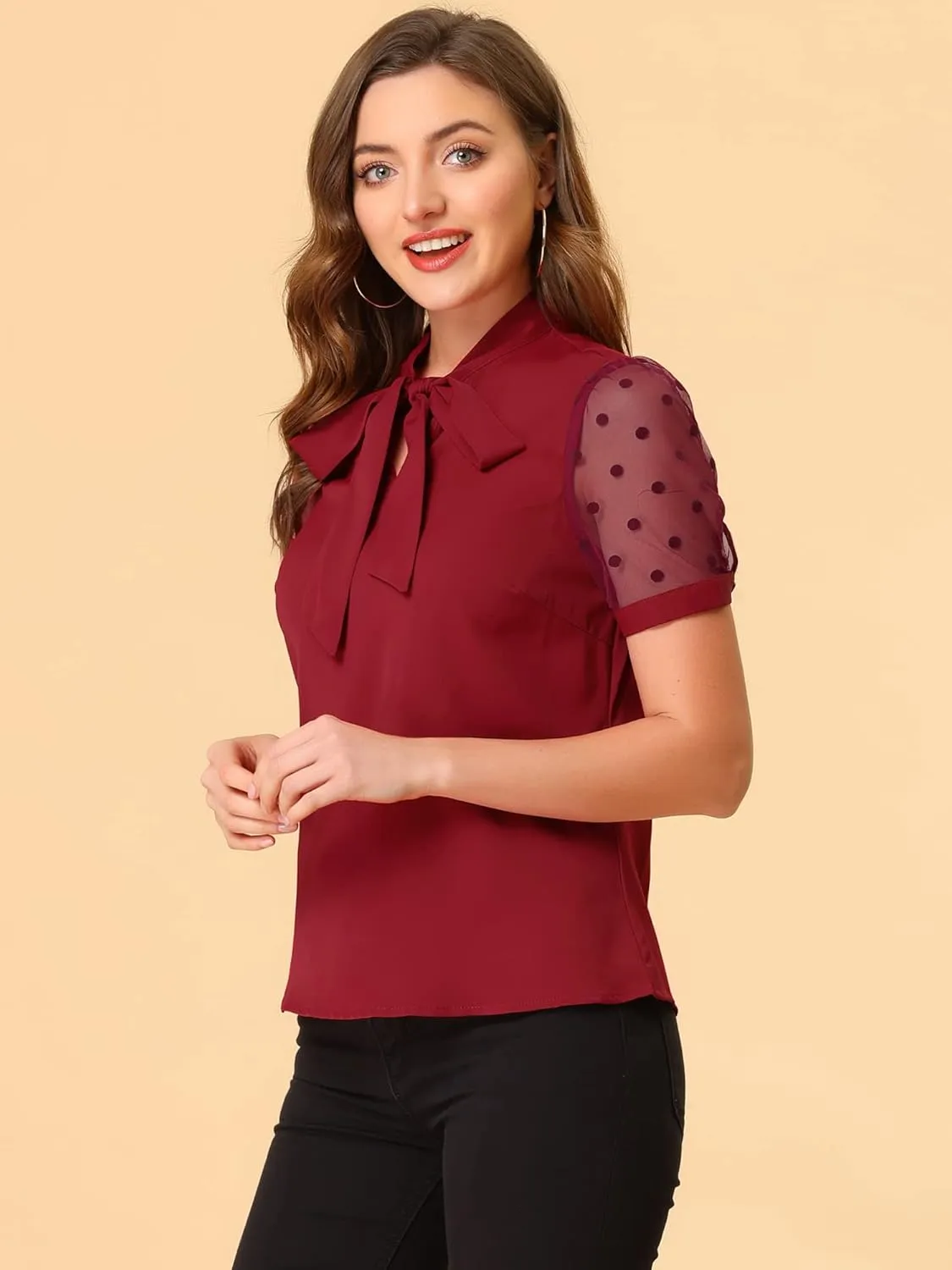 Allegra K Women's Bow Tie Neck V Neck Stand Collar Short Mesh Sleeve Blouse
