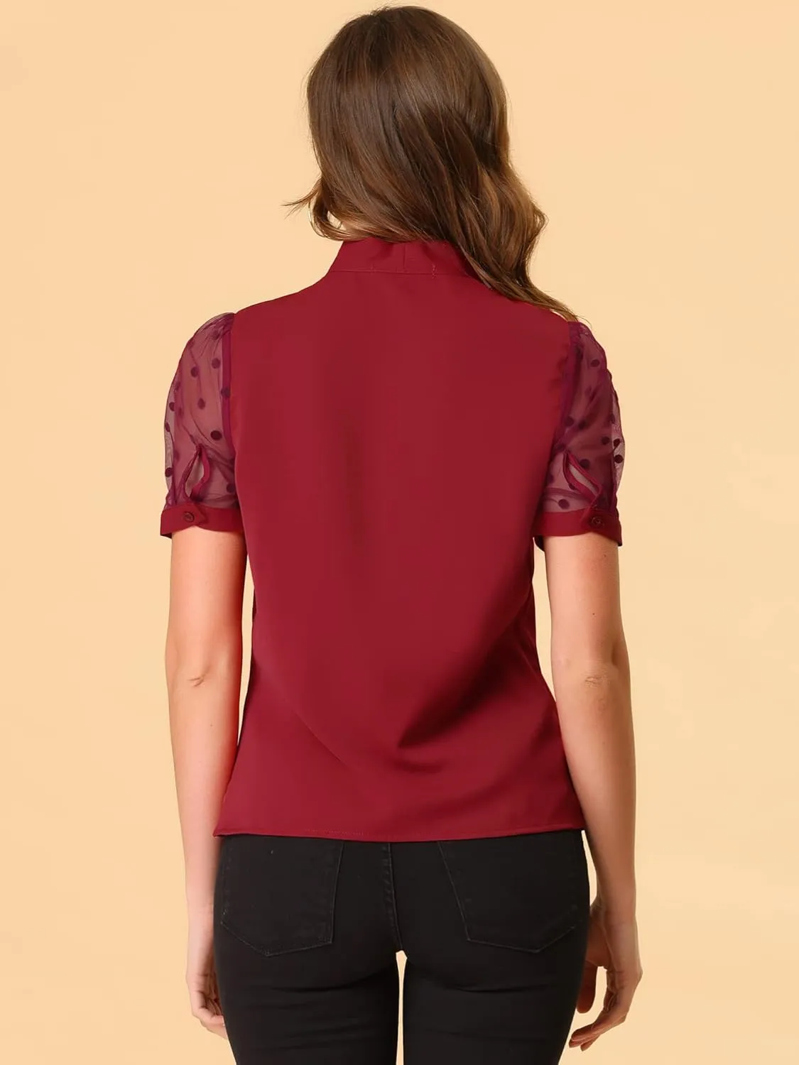 Allegra K Women's Bow Tie Neck V Neck Stand Collar Short Mesh Sleeve Blouse