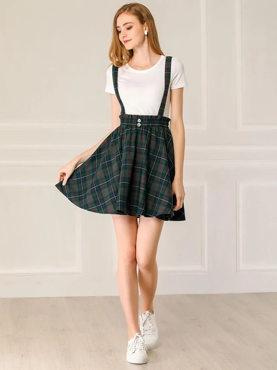 Allegra K Women's Christmas Plaid Pleated Mini Tartan Overall Skater Suspender Skirt