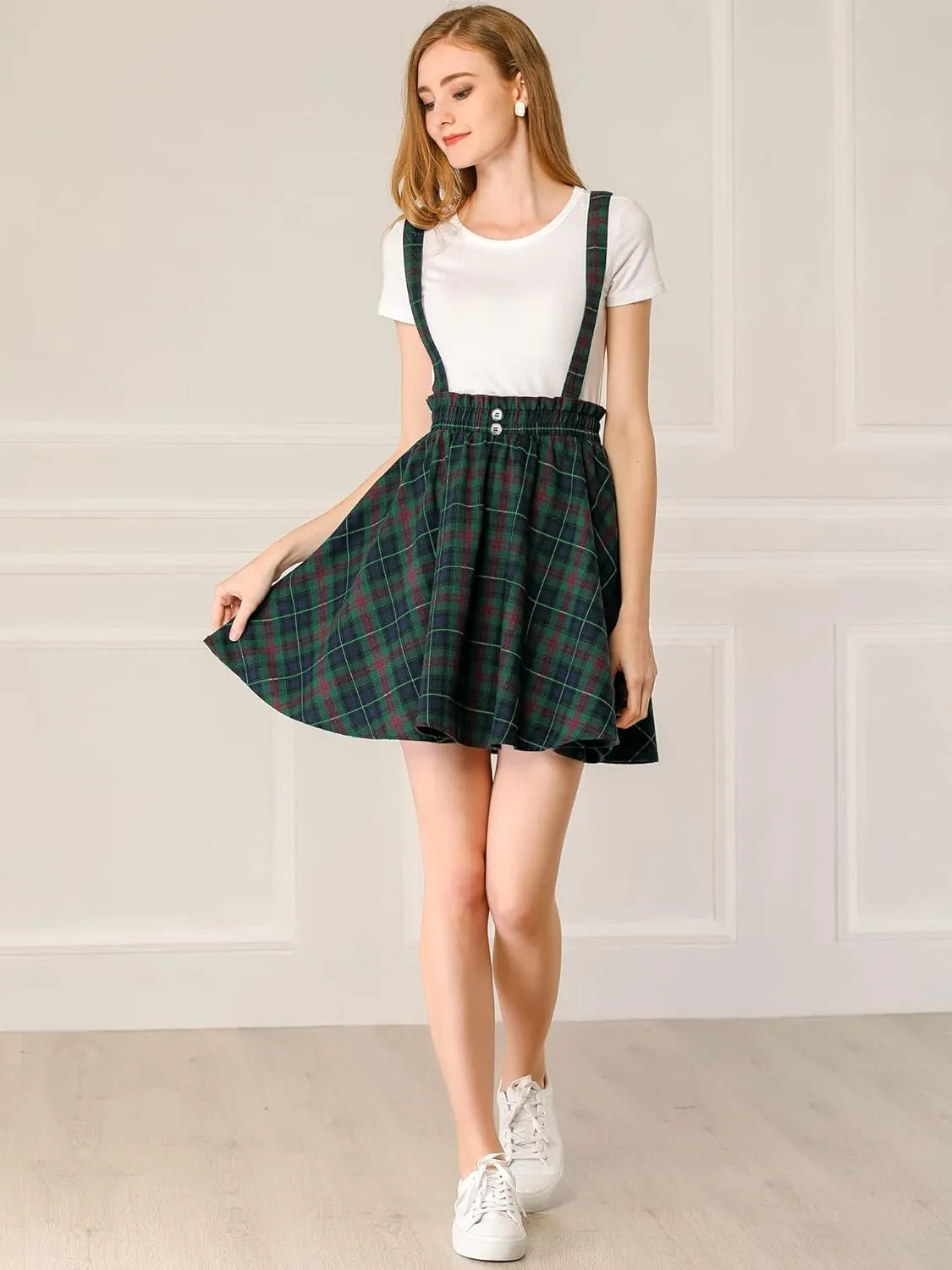 Allegra K Women's Christmas Plaid Pleated Mini Tartan Overall Skater Suspender Skirt
