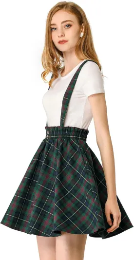 Allegra K Women's Christmas Plaid Pleated Mini Tartan Overall Skater Suspender Skirt