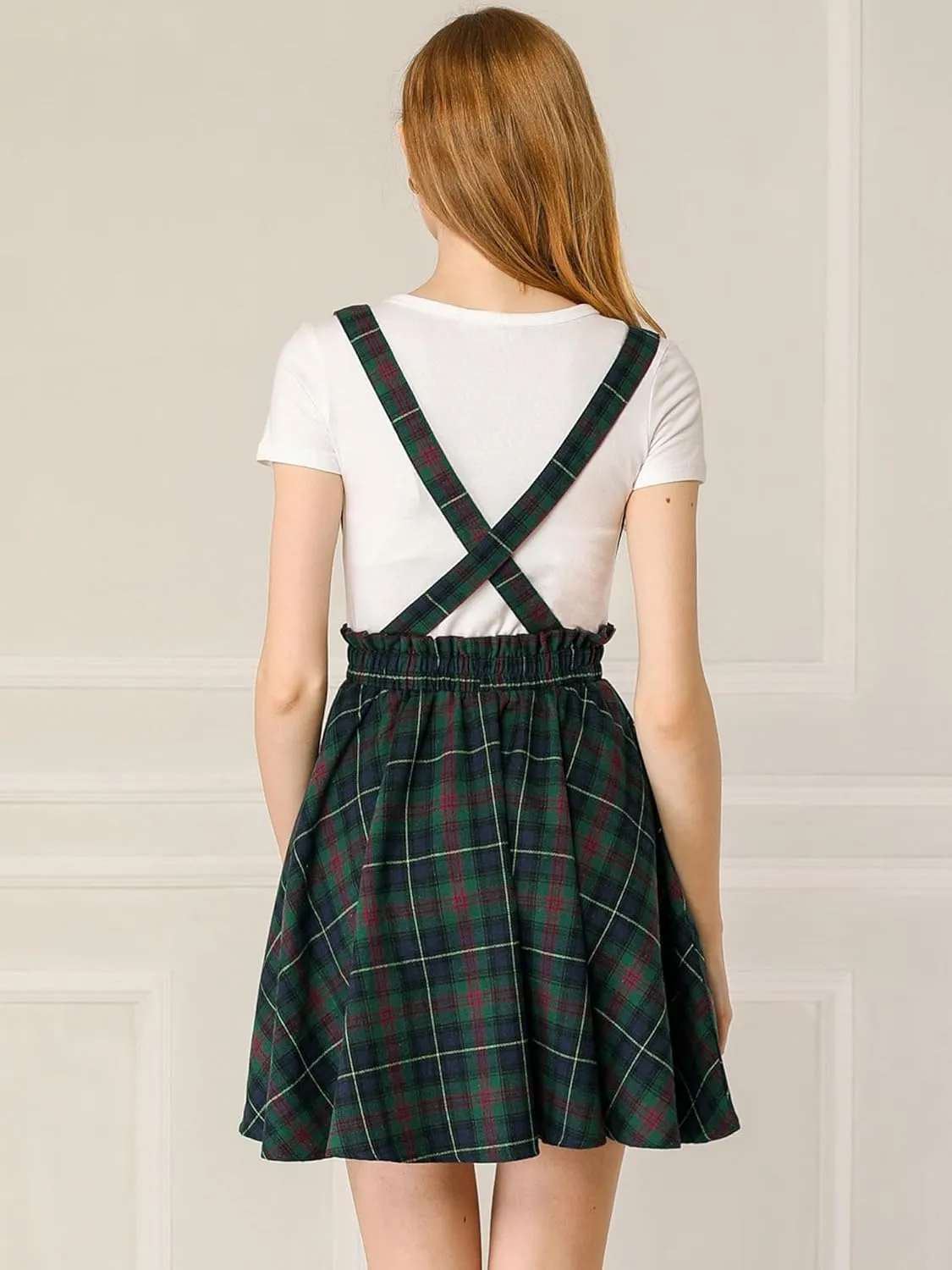 Allegra K Women's Christmas Plaid Pleated Mini Tartan Overall Skater Suspender Skirt