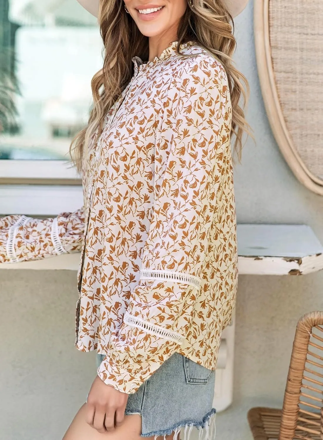 Astylish Womens Floral Printed Mock Neck Shirt Button Down Eyelet Blouse Tops