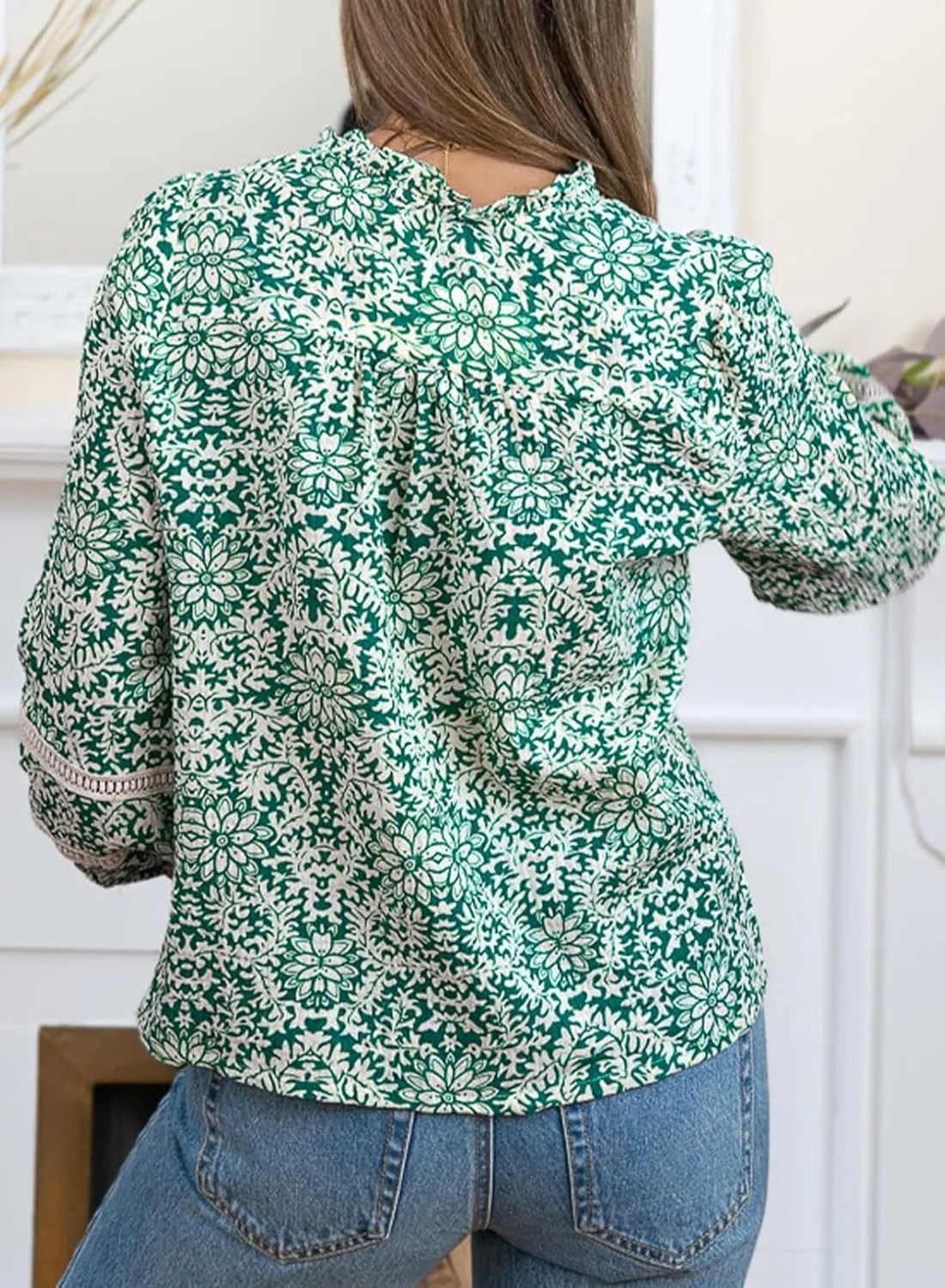 Astylish Womens Floral Printed Mock Neck Shirt Button Down Eyelet Blouse Tops