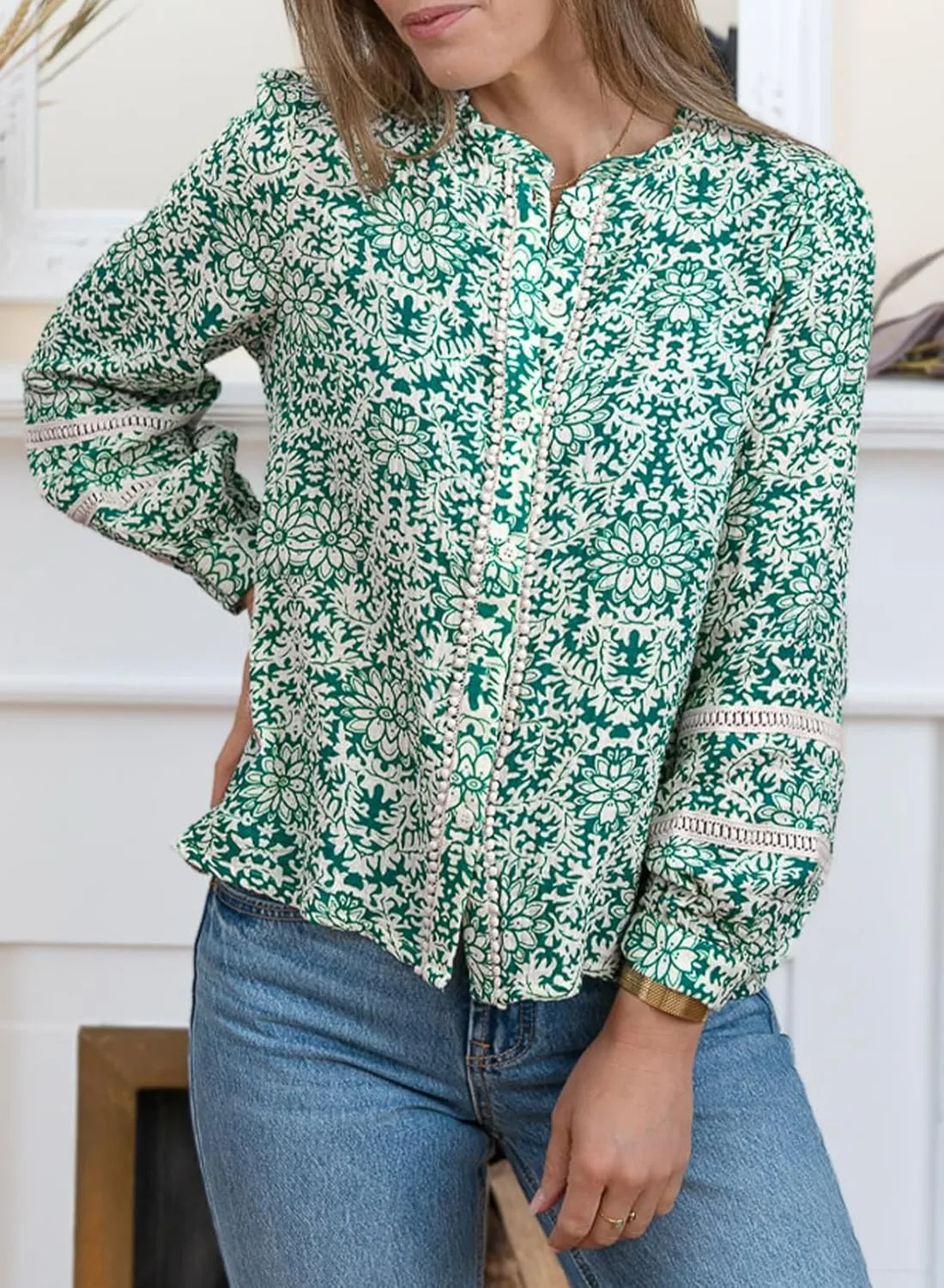 Astylish Womens Floral Printed Mock Neck Shirt Button Down Eyelet Blouse Tops