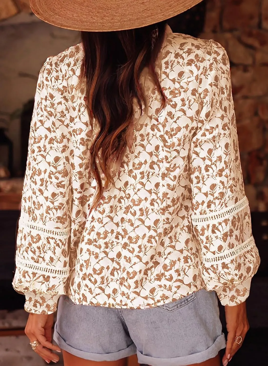 Astylish Womens Floral Printed Mock Neck Shirt Button Down Eyelet Blouse Tops