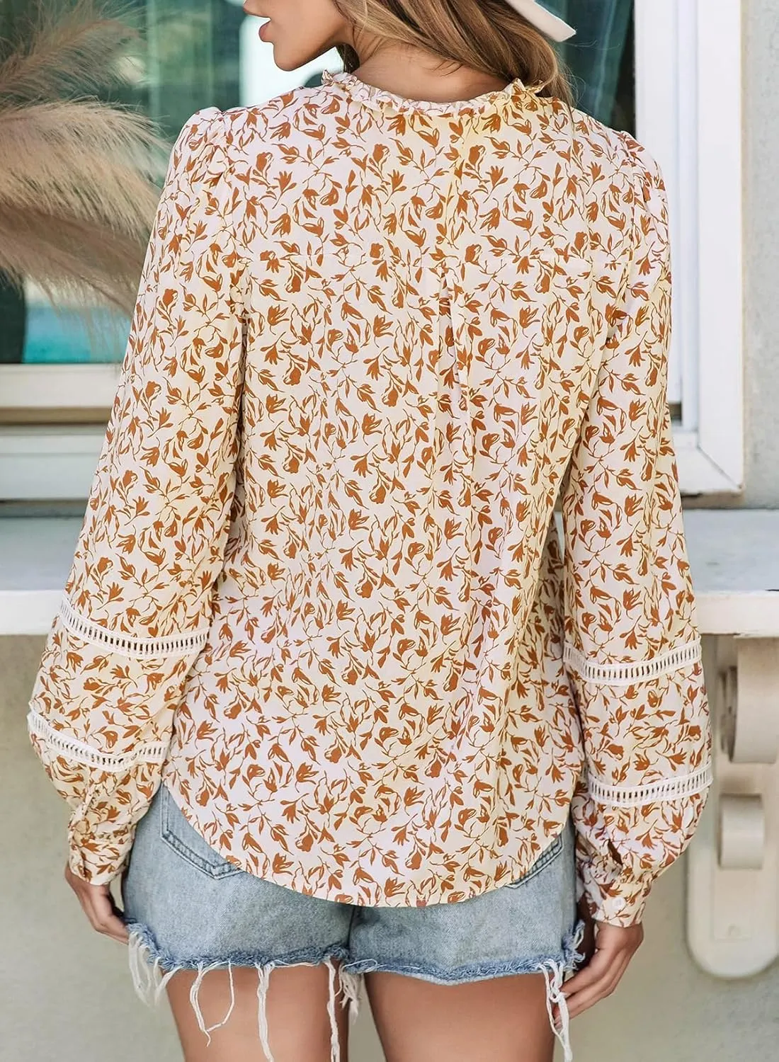 Astylish Womens Floral Printed Mock Neck Shirt Button Down Eyelet Blouse Tops