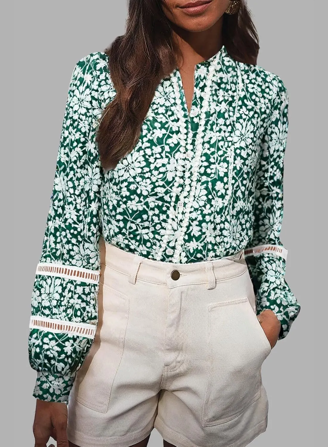 Astylish Womens Floral Printed Mock Neck Shirt Button Down Eyelet Blouse Tops