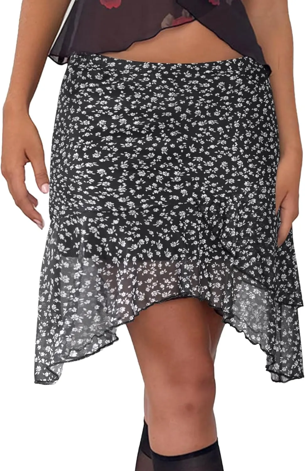 Avanova Women Mesh Asymmetrical Mini Skirt Tiered Ruffle High Waisted Short Skirt