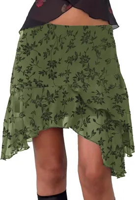 Avanova Women Mesh Asymmetrical Mini Skirt Tiered Ruffle High Waisted Short Skirt