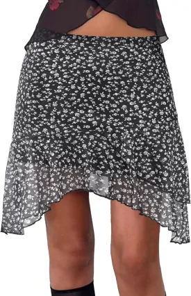 Avanova Women Mesh Asymmetrical Mini Skirt Tiered Ruffle High Waisted Short Skirt