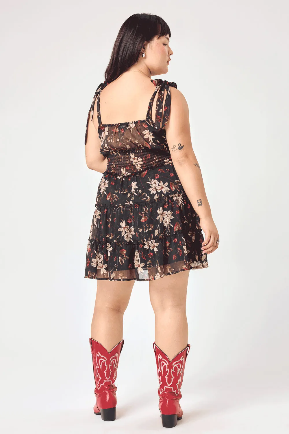Black Floral Tie Shoulder Dress