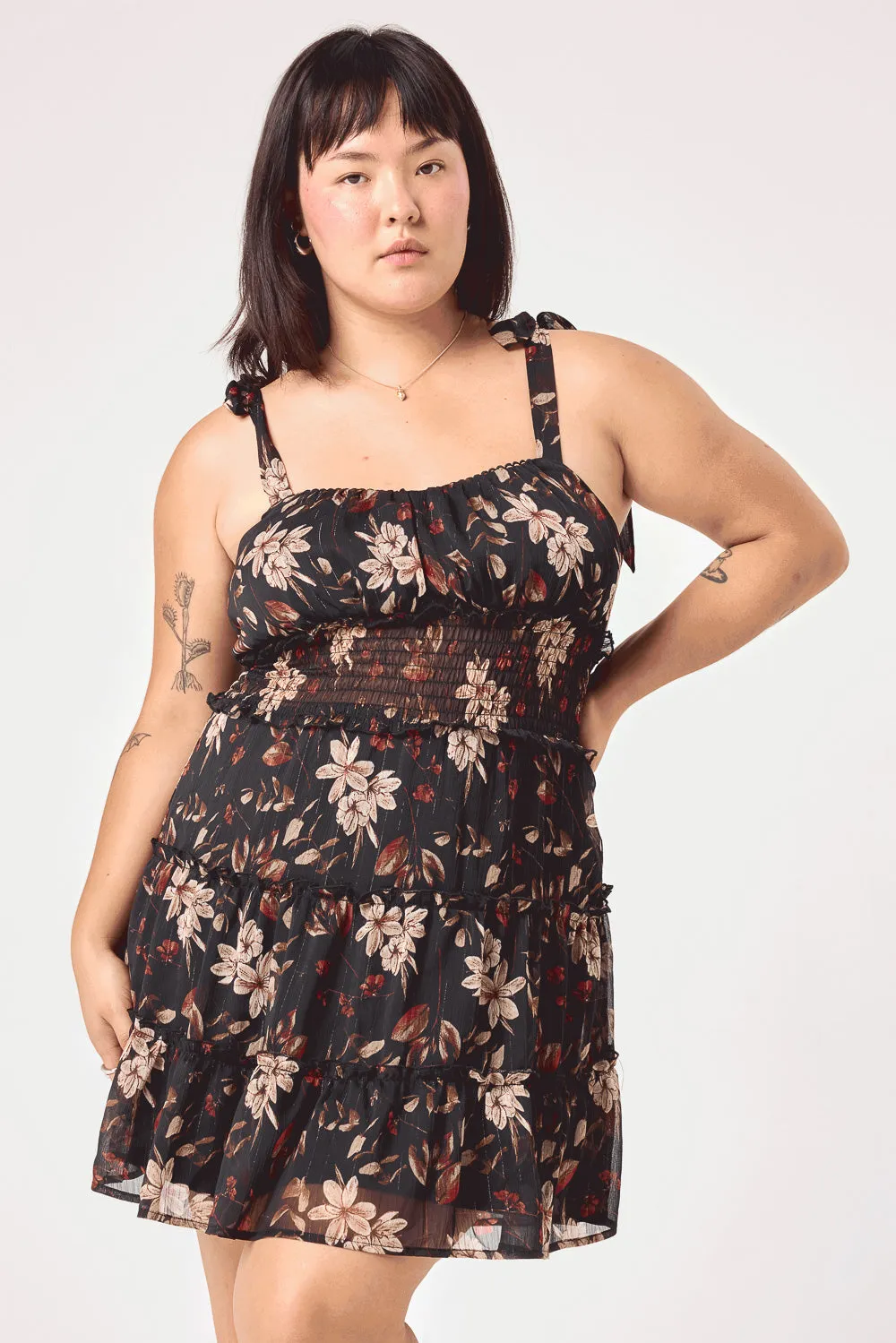 Black Floral Tie Shoulder Dress