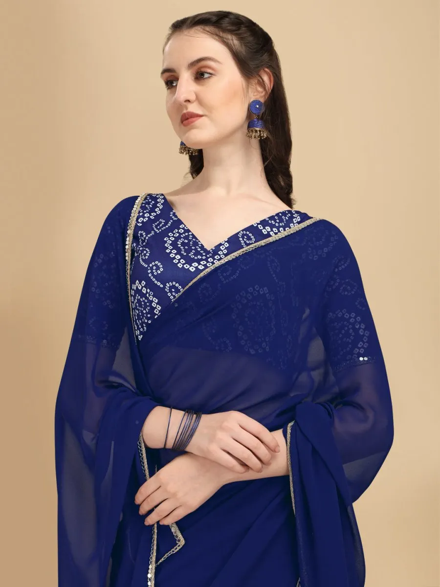 Blue & White Bandhani Sequinned Half and Half Bandhani Saree
