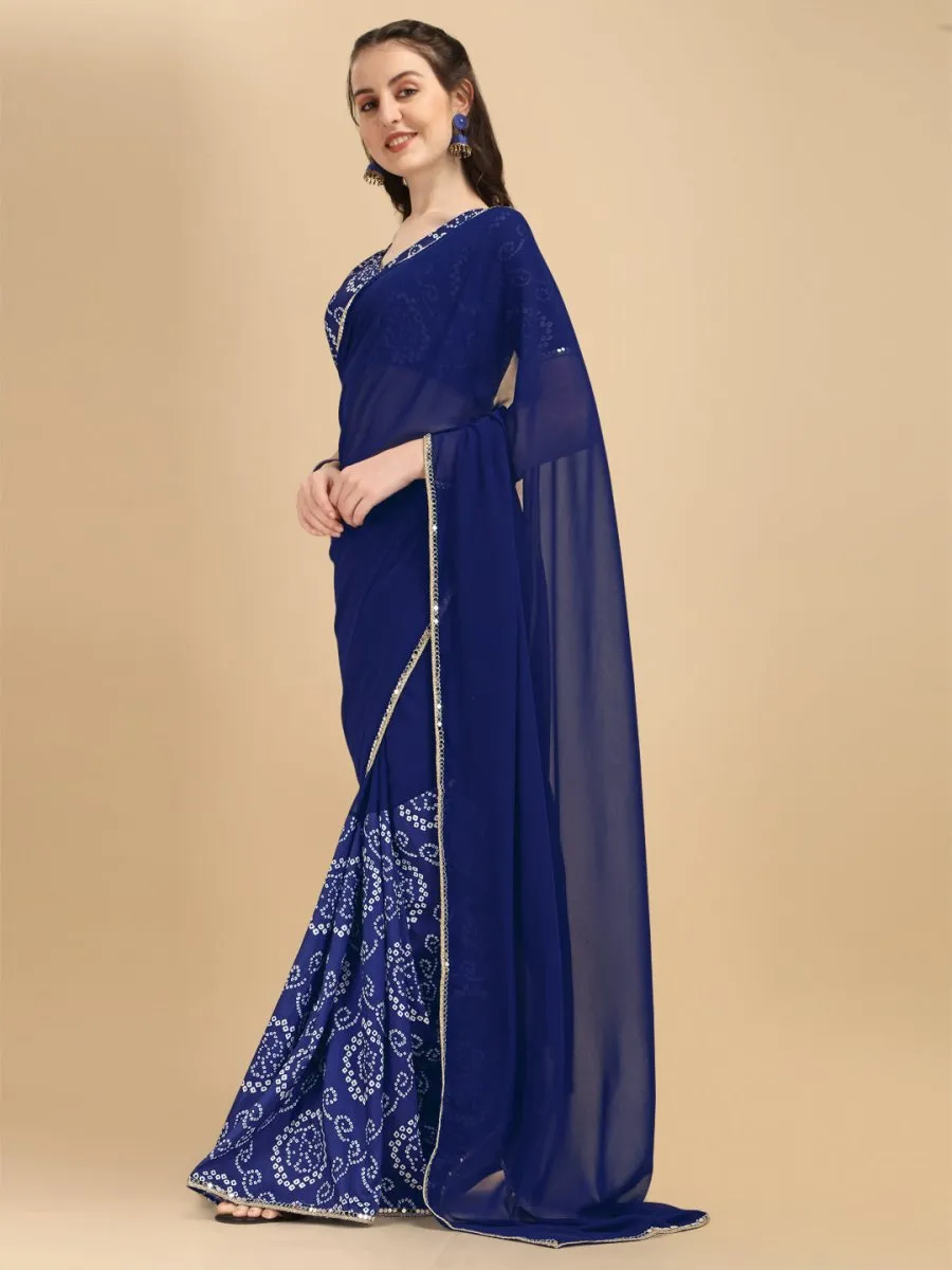 Blue & White Bandhani Sequinned Half and Half Bandhani Saree