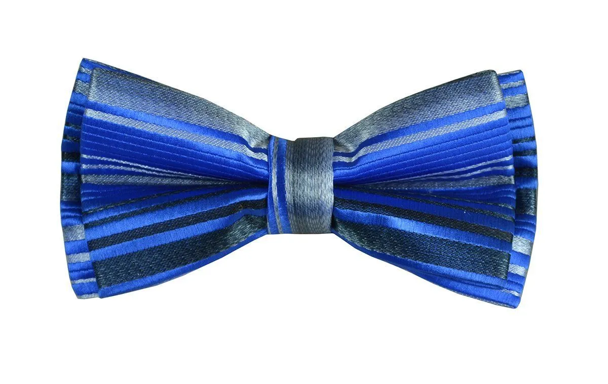 Blue and Grey Boys Bow Tie and Pocket Square Set, Pre-tied