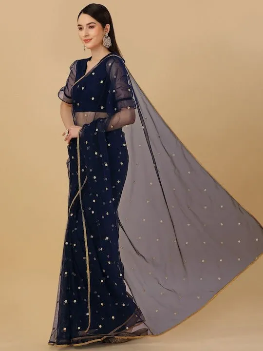 Blue Floral Embroidered Sequined Saree