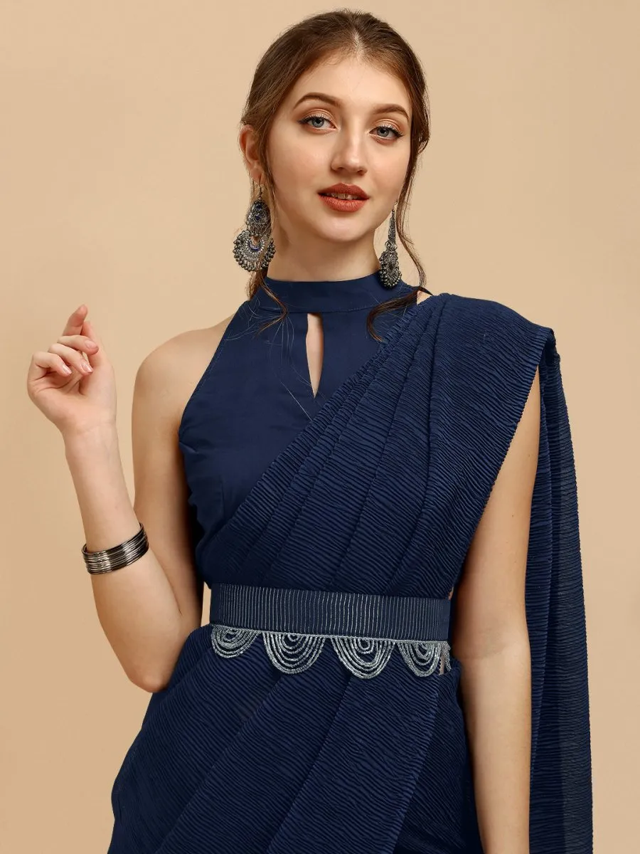 Blue Silk Blend Saree With Embellished Belt