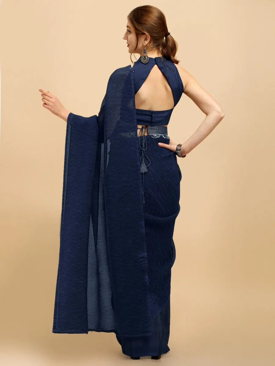 Blue Silk Blend Saree With Embellished Belt