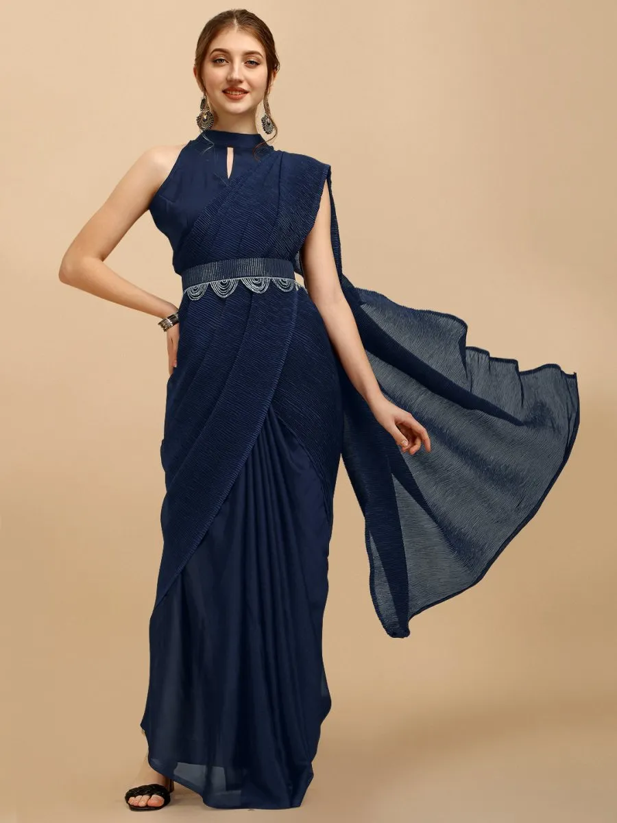 Blue Silk Blend Saree With Embellished Belt