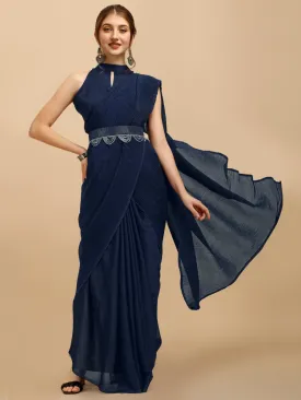 Blue Silk Blend Saree With Embellished Belt