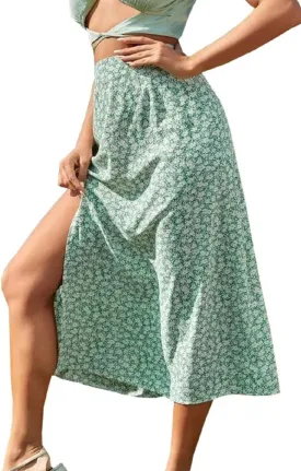 CHARTOU Women's Summer High Waist Floral Print Side Slit Midi Long Beach Boho Skirt