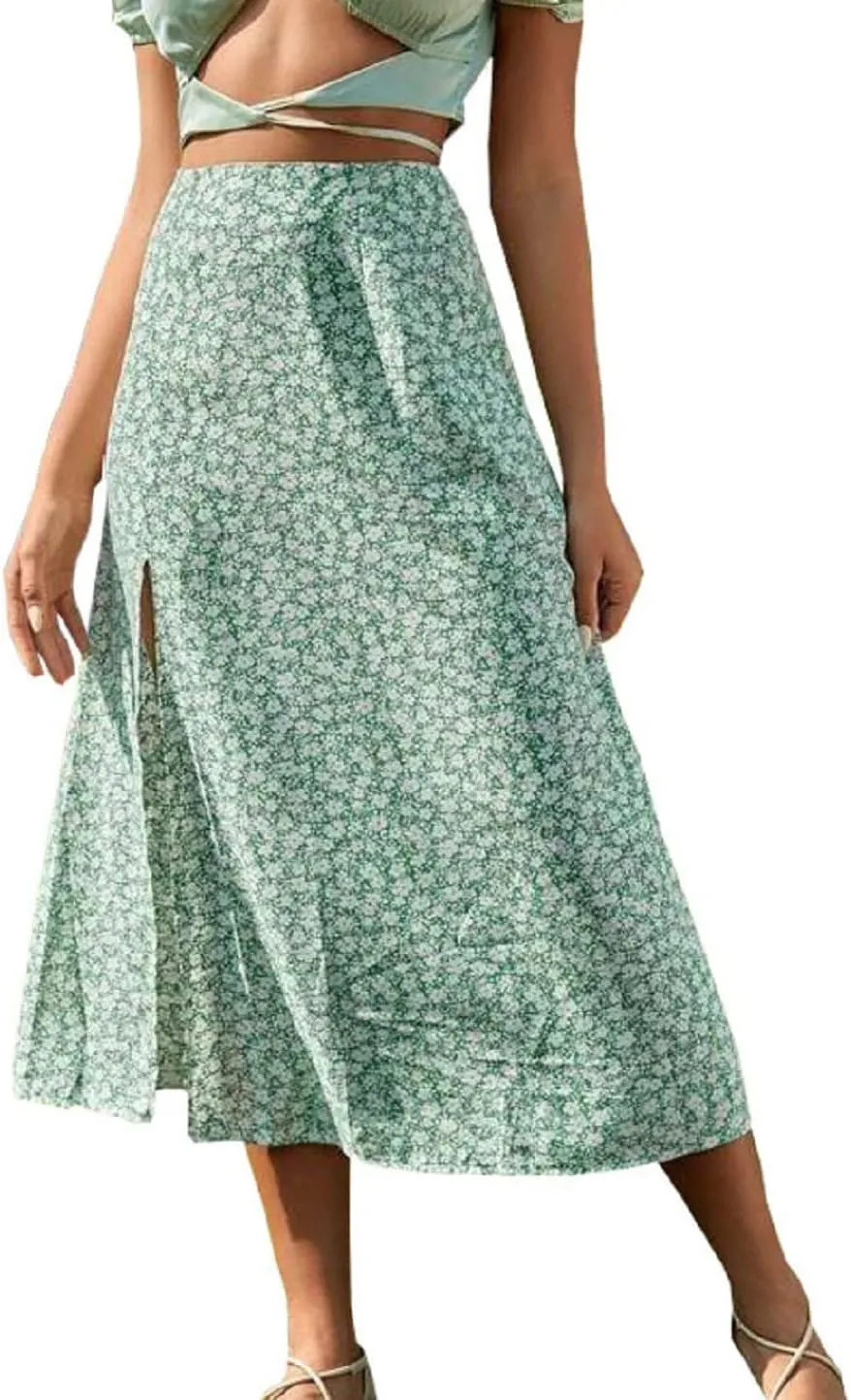 CHARTOU Women's Summer High Waist Floral Print Side Slit Midi Long Beach Boho Skirt