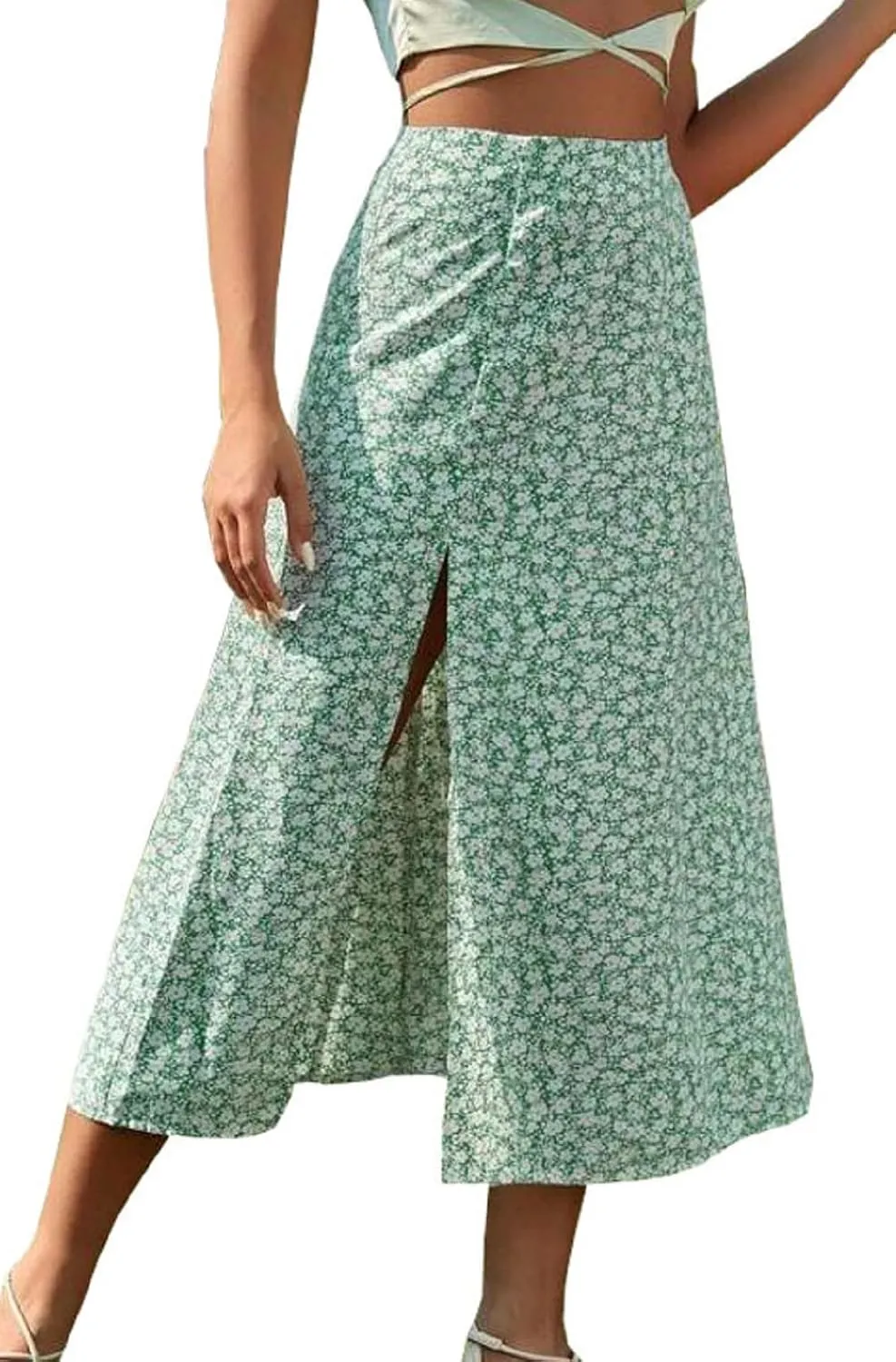 CHARTOU Women's Summer High Waist Floral Print Side Slit Midi Long Beach Boho Skirt