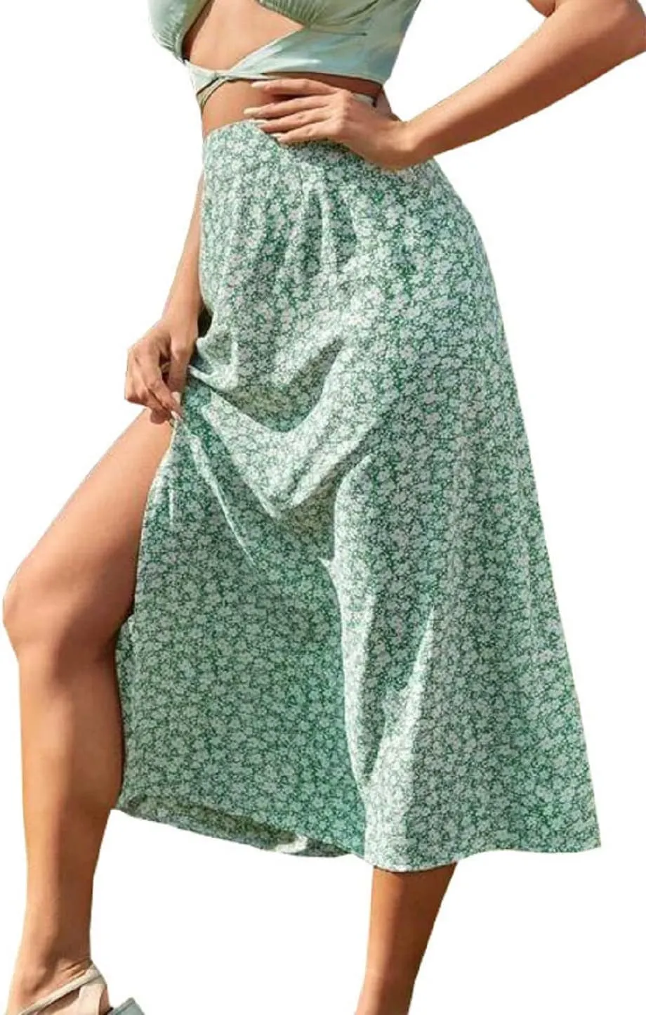 CHARTOU Women's Summer High Waist Floral Print Side Slit Midi Long Beach Boho Skirt