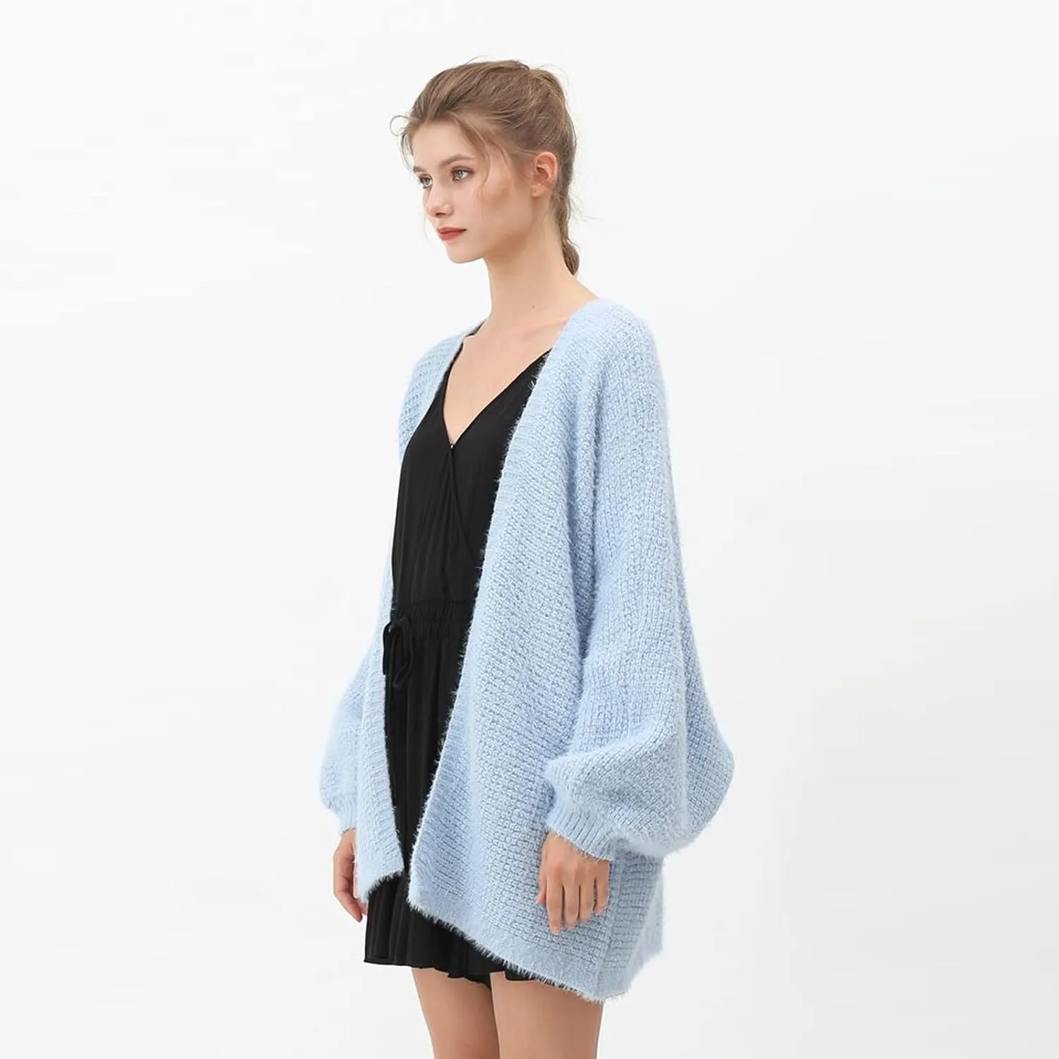 CHICWISH Women Fuzzy Open Front Waffle Knit Cardigan Long Lantern Sleeve Oversize Classy Cozy Cardigan Sweater Tan/Pink/Blue