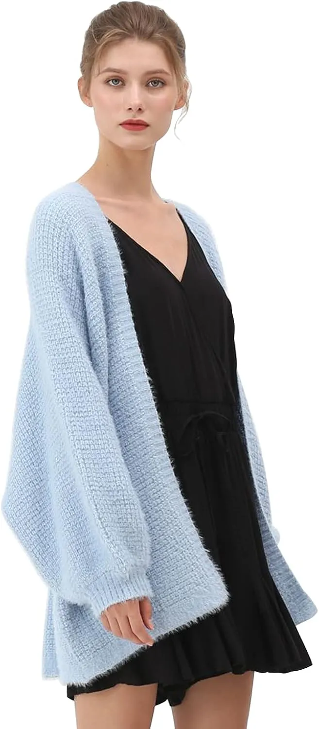 CHICWISH Women Fuzzy Open Front Waffle Knit Cardigan Long Lantern Sleeve Oversize Classy Cozy Cardigan Sweater Tan/Pink/Blue
