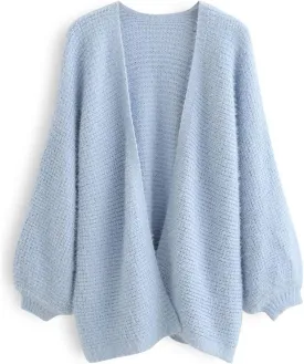CHICWISH Women Fuzzy Open Front Waffle Knit Cardigan Long Lantern Sleeve Oversize Classy Cozy Cardigan Sweater Tan/Pink/Blue