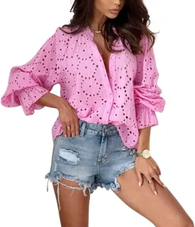 chouyatou Women's Boho Crochet Shirts Lantern Sleeve Button Down Lace Eyelet Blouse Tops
