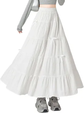 chouyatou Women's Casual Elastic Waist Ruffle Hem Skirt Vintage Bow Trim Pleated Flowy Swing Long Skirt