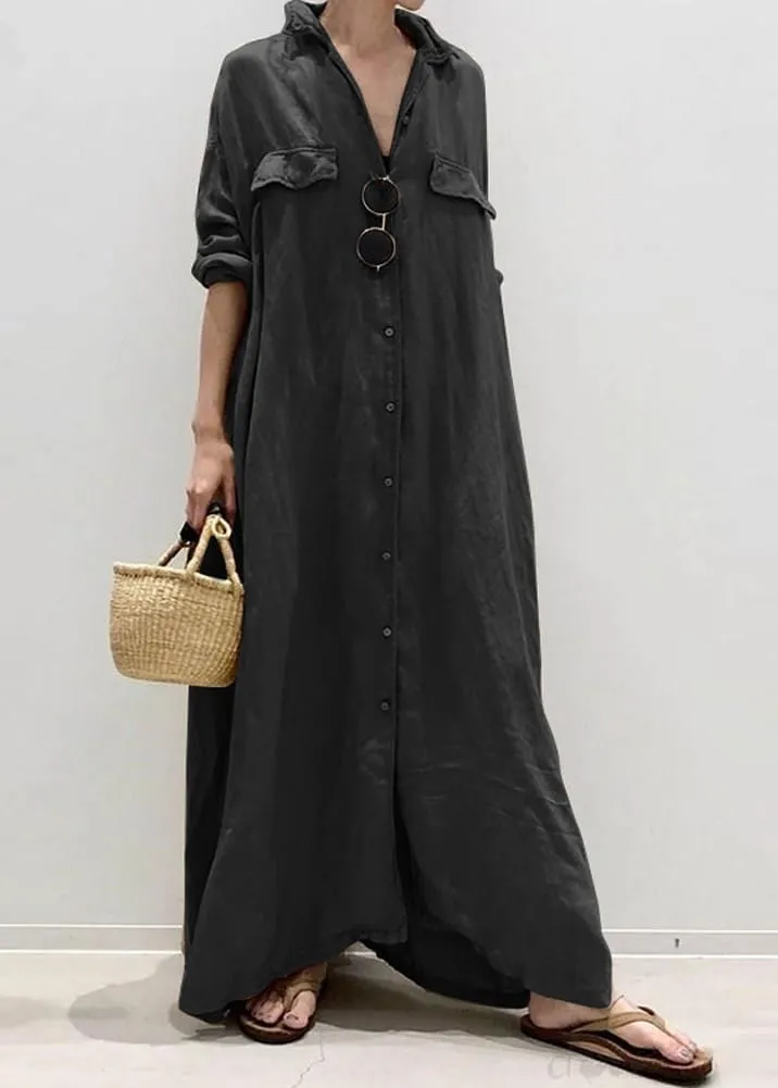 chouyatou Women's Casual Long Sleeve Maxi Shirt Dress Loose Fit Cotton Button Down Swing Long Dress