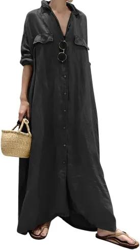 chouyatou Women's Casual Long Sleeve Maxi Shirt Dress Loose Fit Cotton Button Down Swing Long Dress