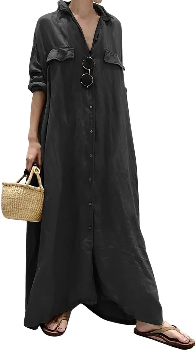 chouyatou Women's Casual Long Sleeve Maxi Shirt Dress Loose Fit Cotton Button Down Swing Long Dress