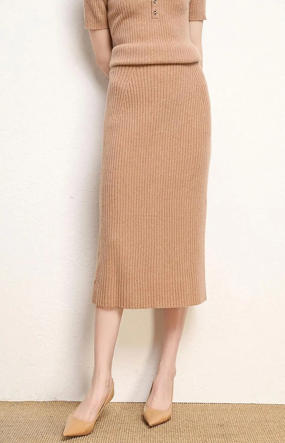 chouyatou Women's Fall Elastic High Waist Midi Rib Knit Skirt Office Work Bodycon Sweater Pencil Skirt