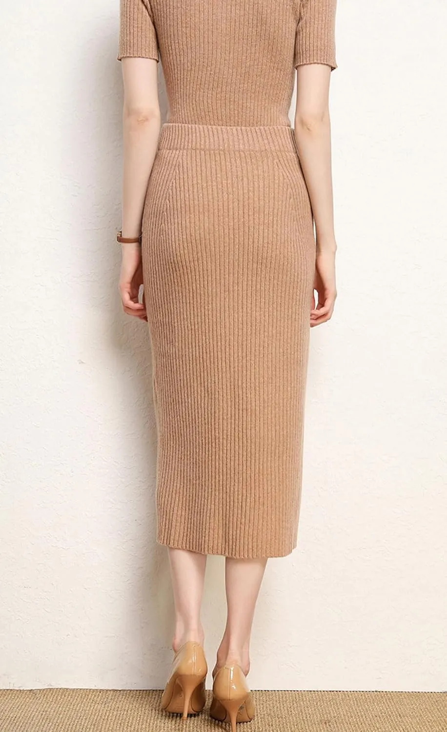 chouyatou Women's Fall Elastic High Waist Midi Rib Knit Skirt Office Work Bodycon Sweater Pencil Skirt